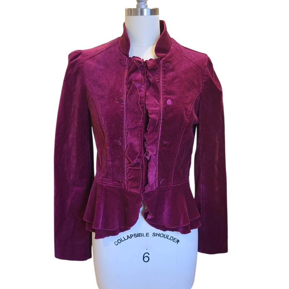Burgundy Velvet Victorian‎ Steampunk Peplum Jacket Ruffles Sz 4 Dark Romantic